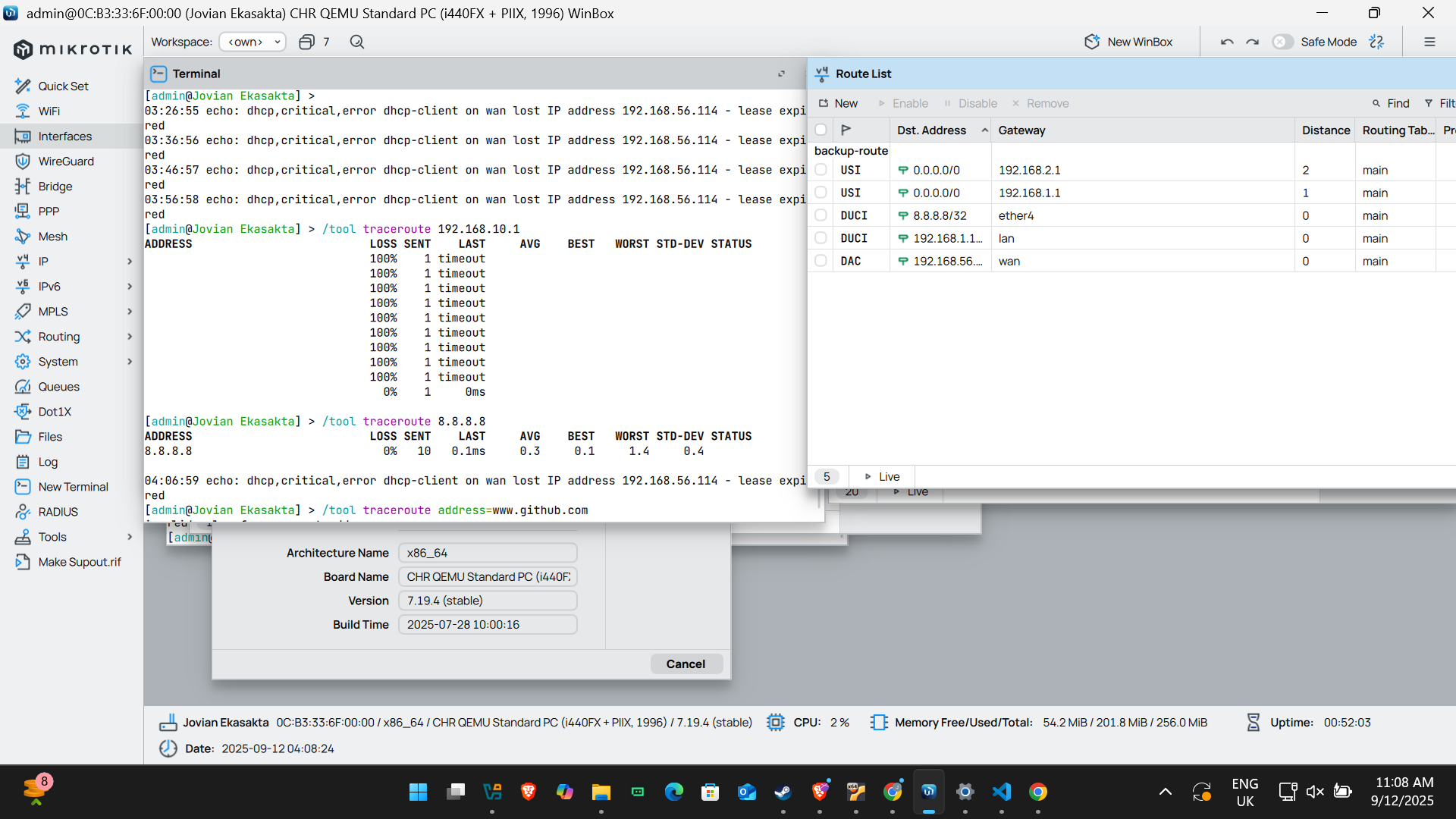 Hasil Traceroute di MikroTik RouterOS